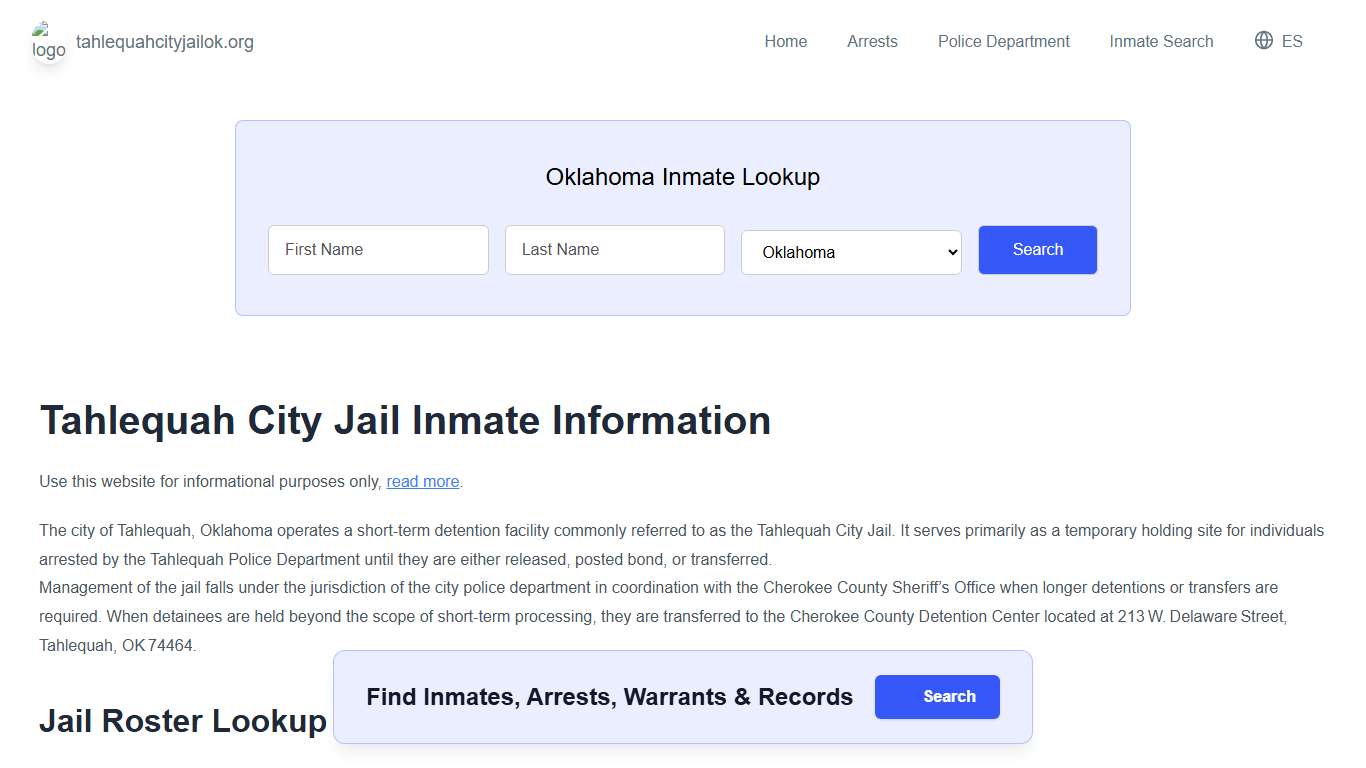 Tahlequah Jail, OK Inmate Roster, Municipal Jail Info