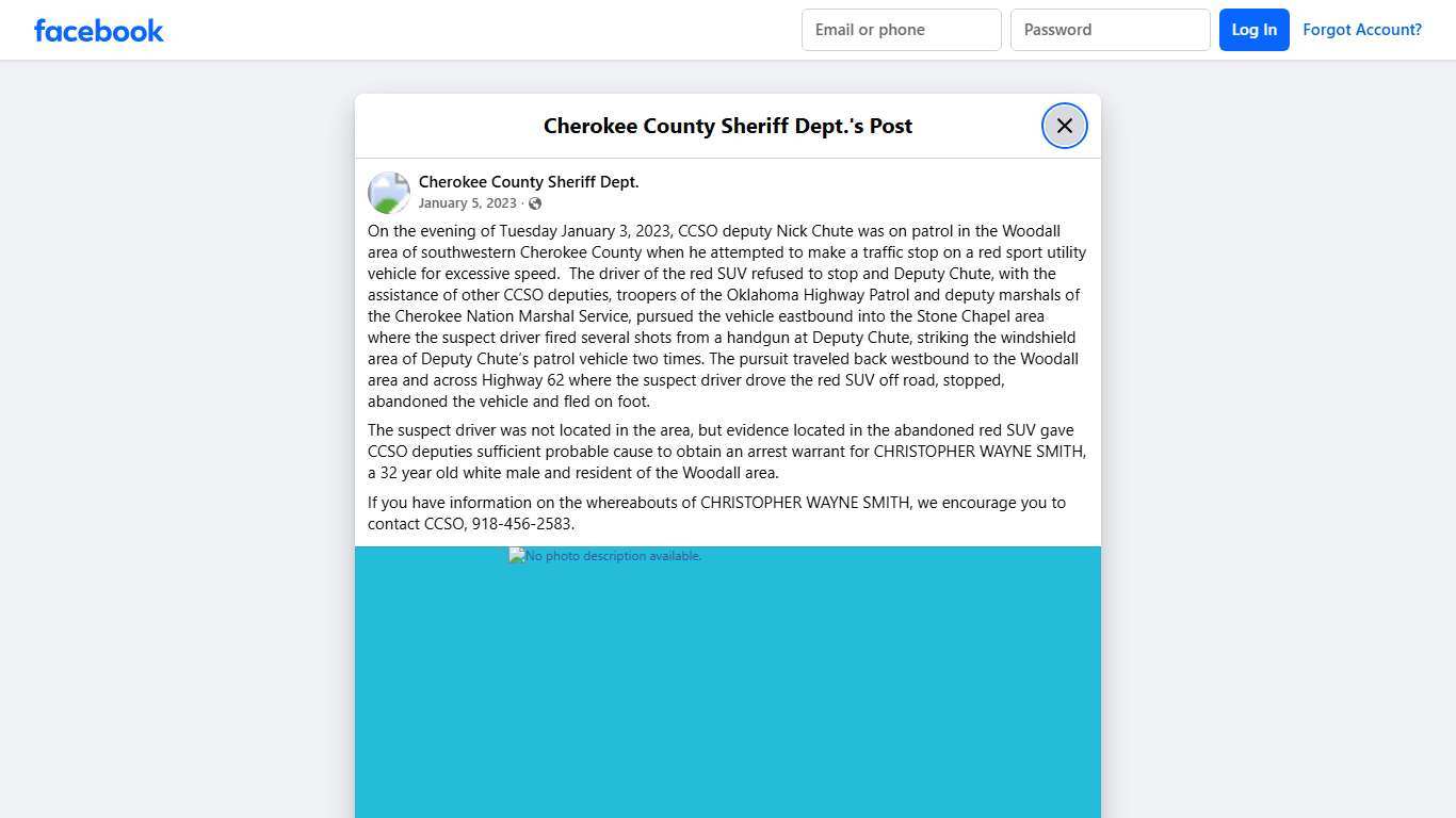 On the evening of Tuesday... - Cherokee County Sheriff Dept. Facebook